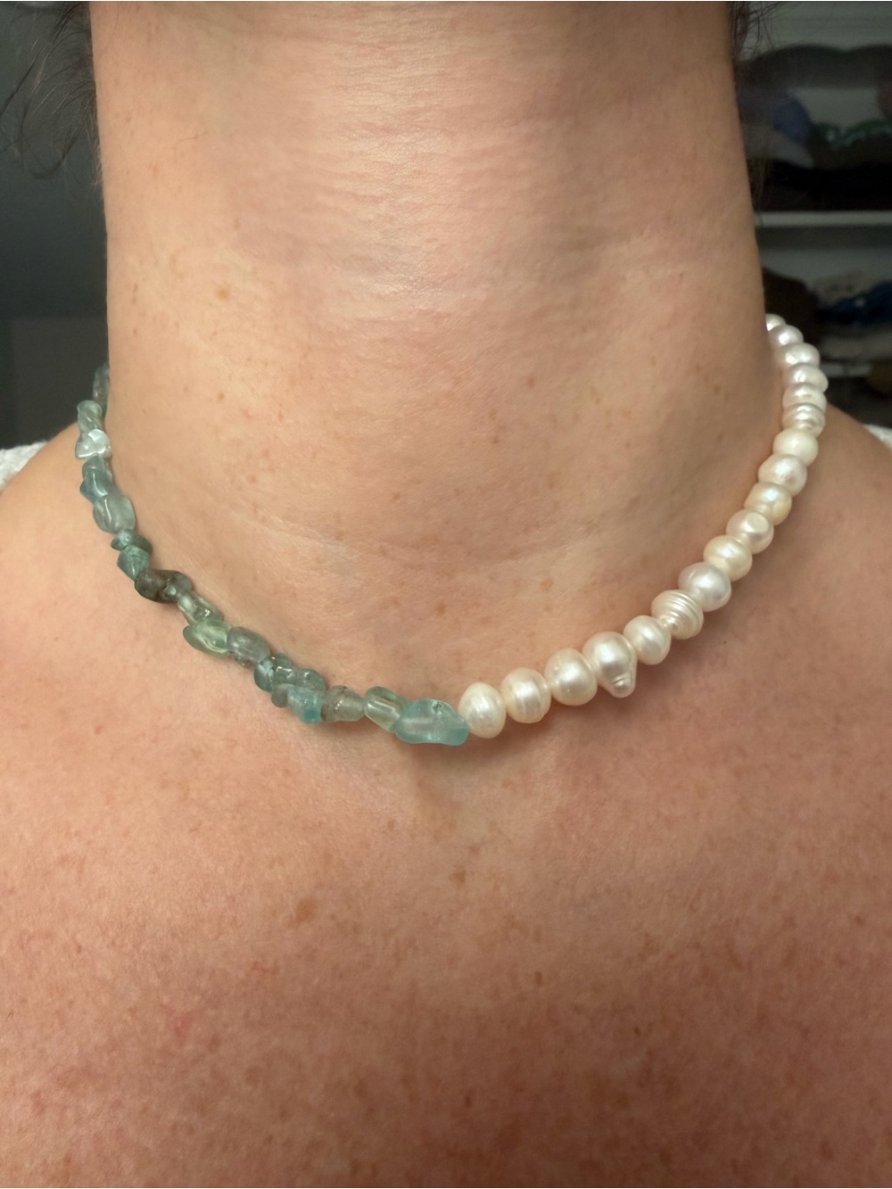 Freshwater Pearl and Aquamarine Chip Choker Necklace - White & Blue-Green